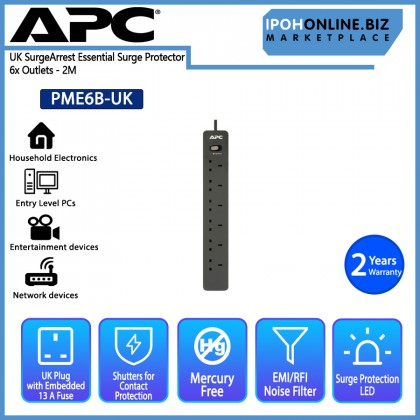 APC PME6B-UK SurgeArrest Essential Surge Protector, 6x Outlets - 2M APC PME6B-UK SurgeArrest Essential Surge Protector, 6x Outlets - 2M